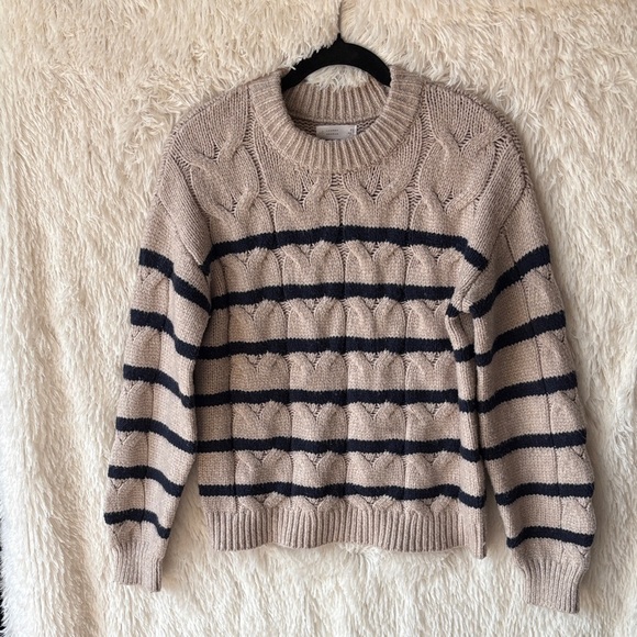 LC Lauren Conrad Beige and Navy Striped Sweater - Picture 1 of 8